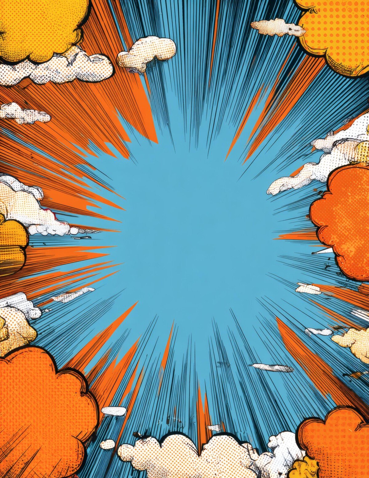 Blue comic burst center framed by orange rays and small white clouds