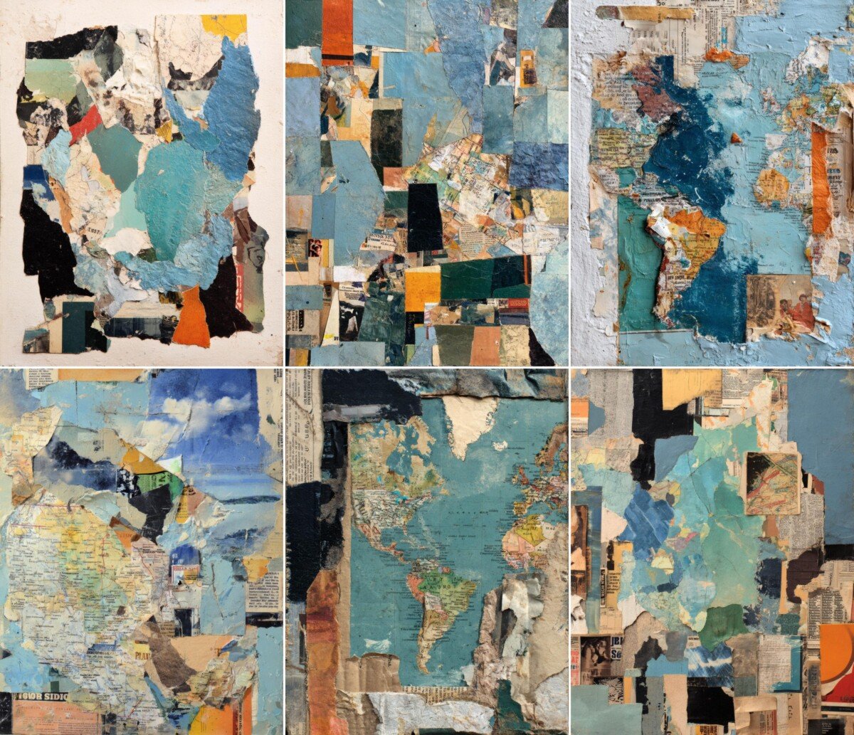 Abstract digital paper previews with faded maps and distressed magazine-style fragments