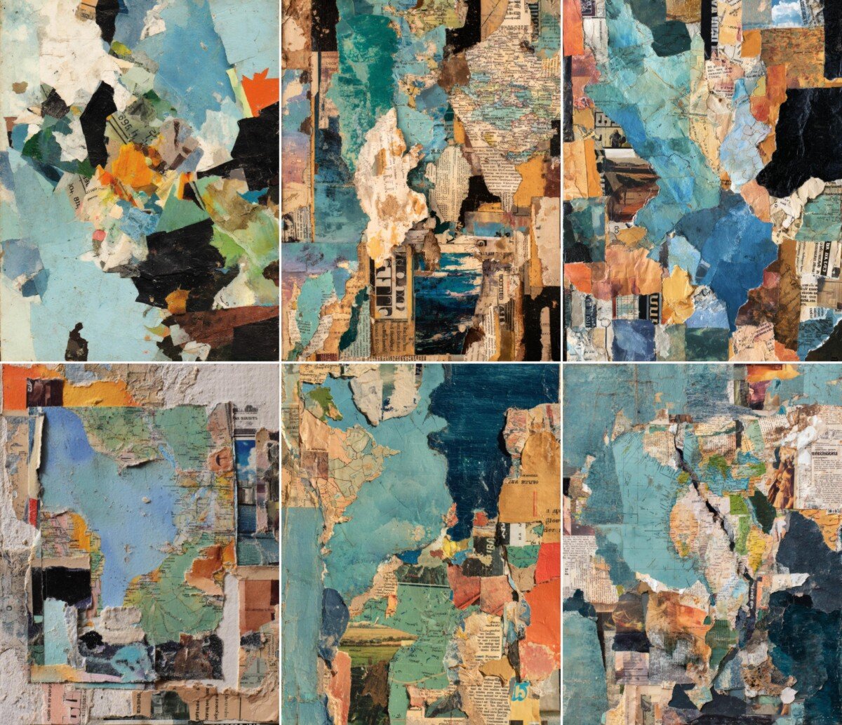 Colorful collage paper previews with layered blue green and ochre fragments