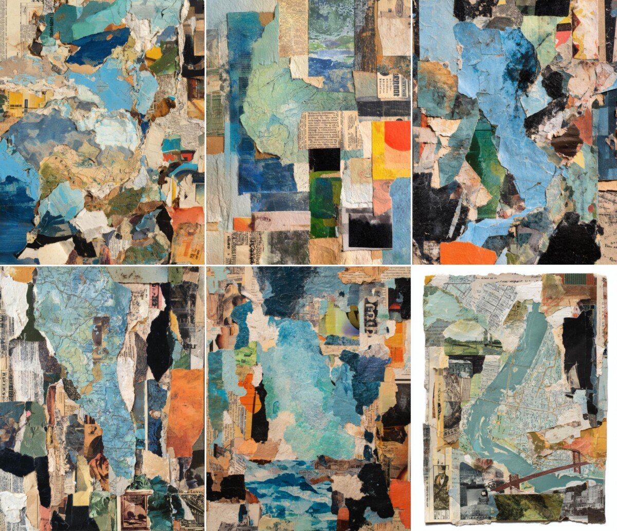 Mixed-media journal backgrounds with overlapping printed fragments and blue washes