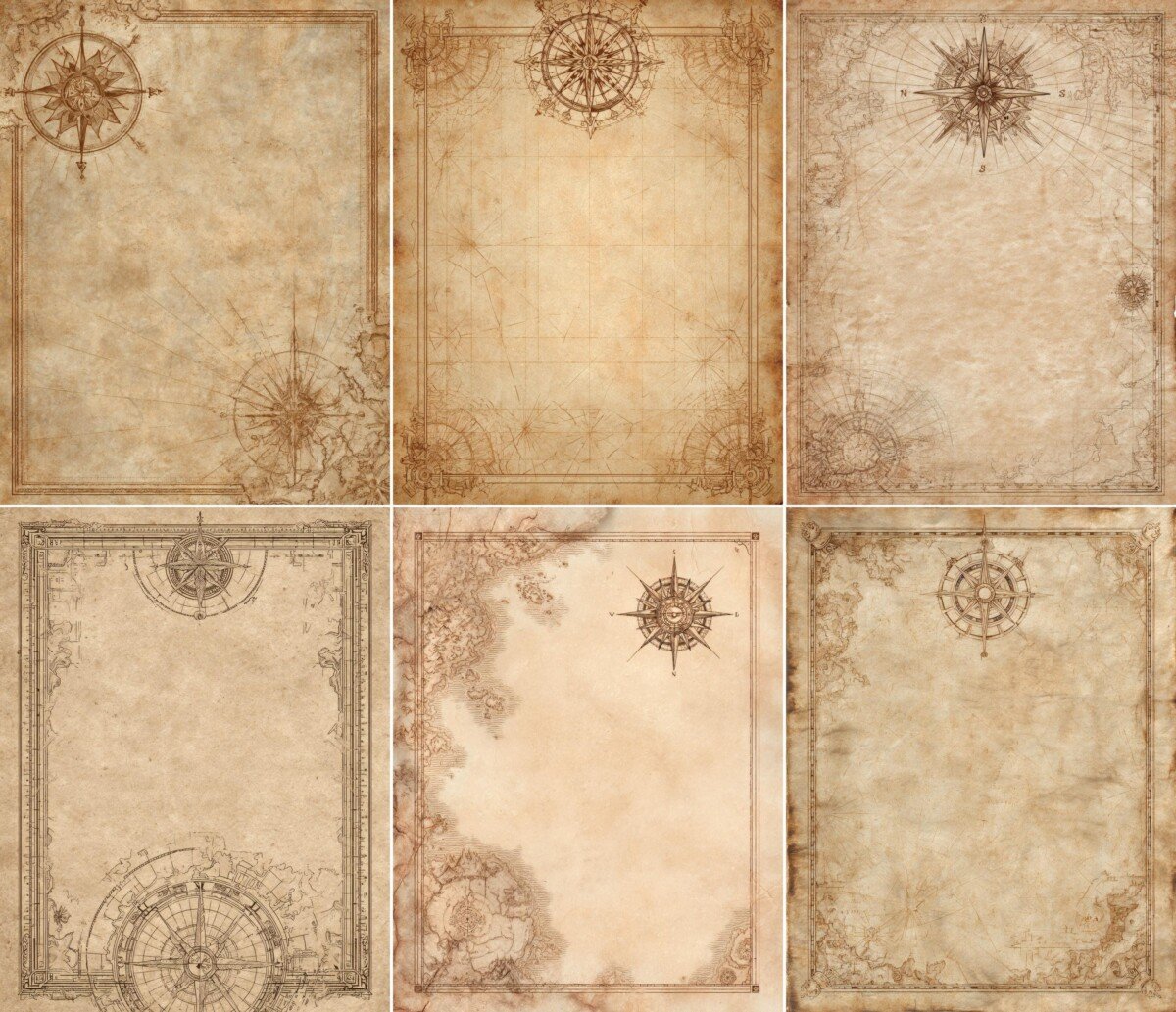 Pale parchment journal pages with star-shaped compass ornaments