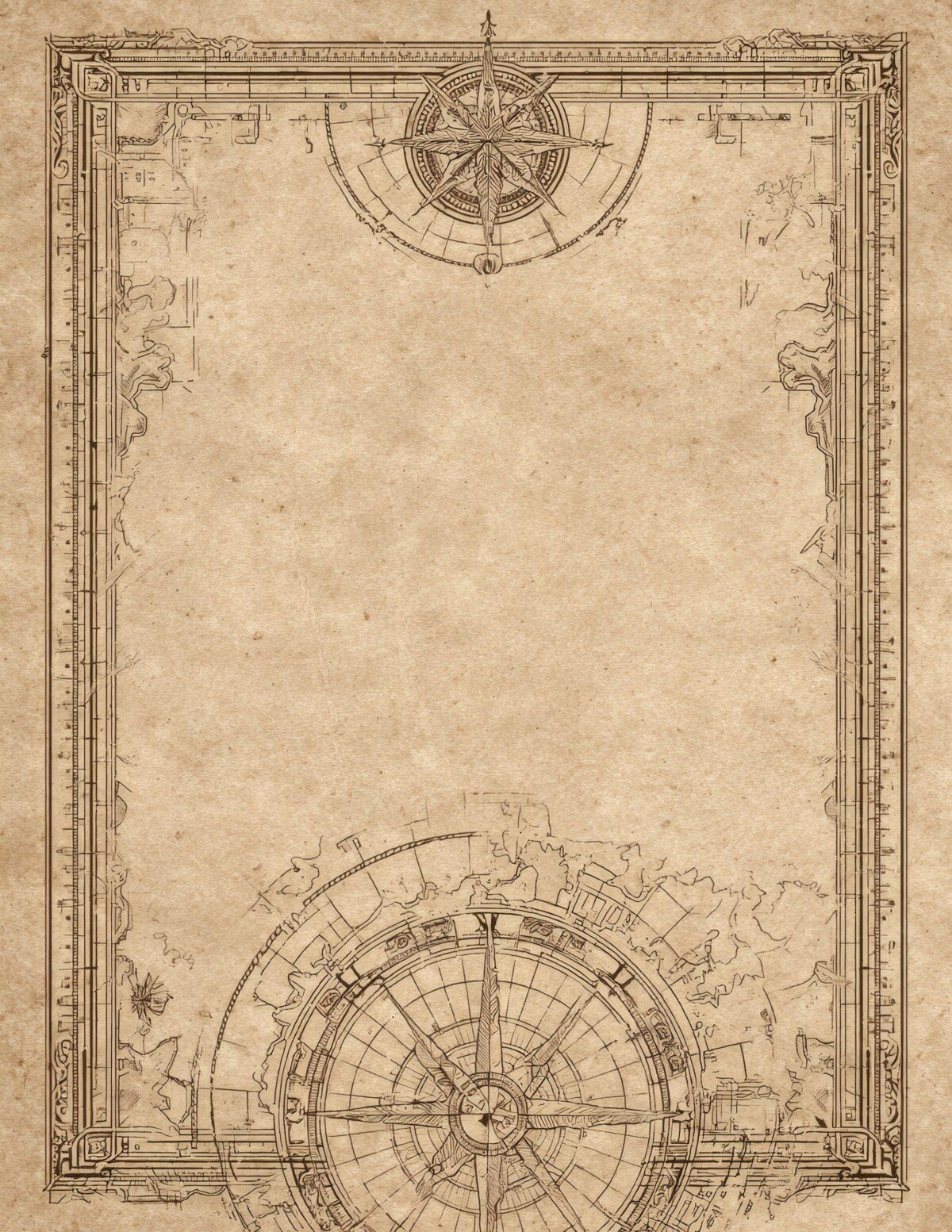 Sepia pirate map page with compass rose and fine rectangular border