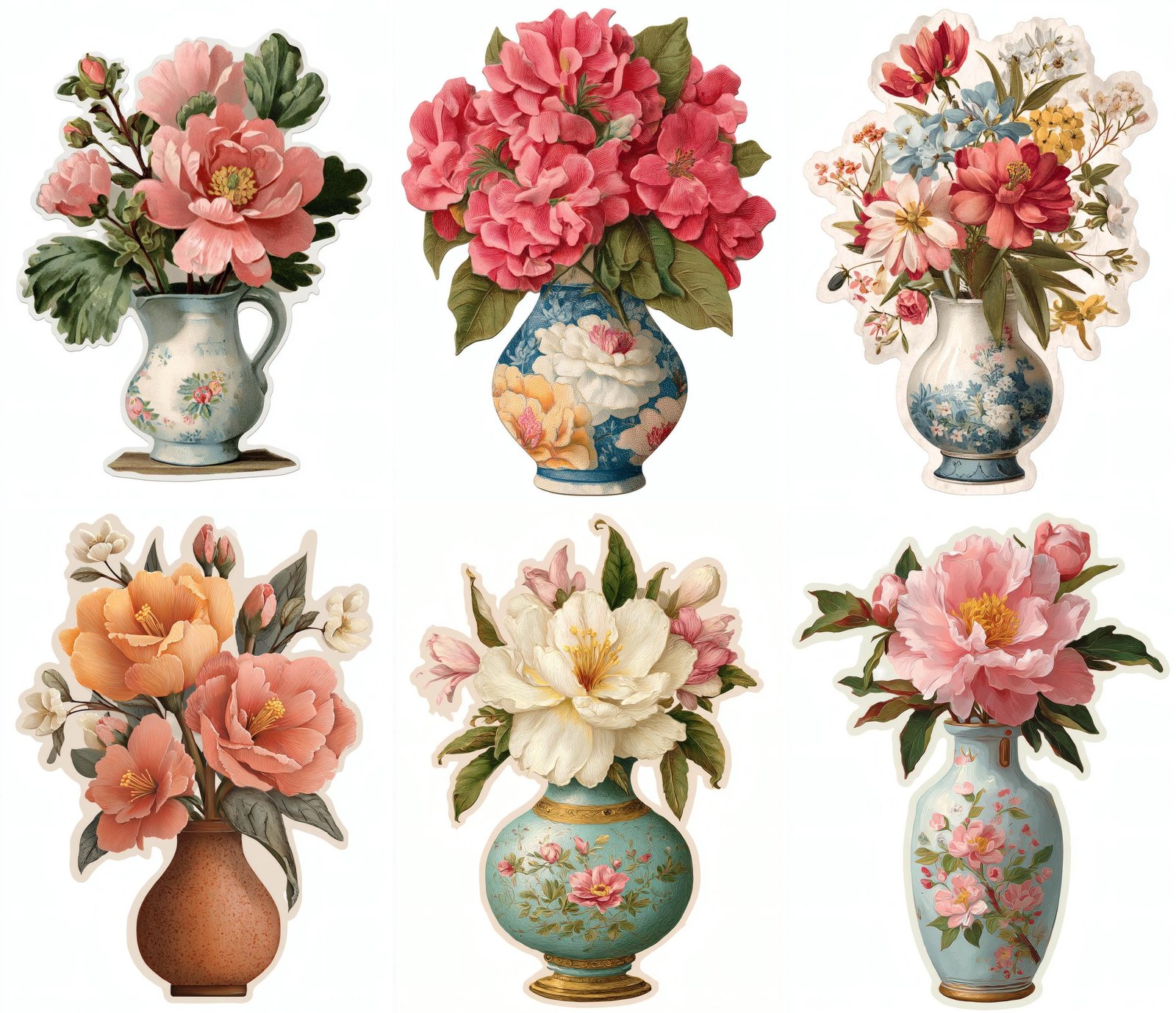 Floral vase fussy-cut printable designs on a white background
