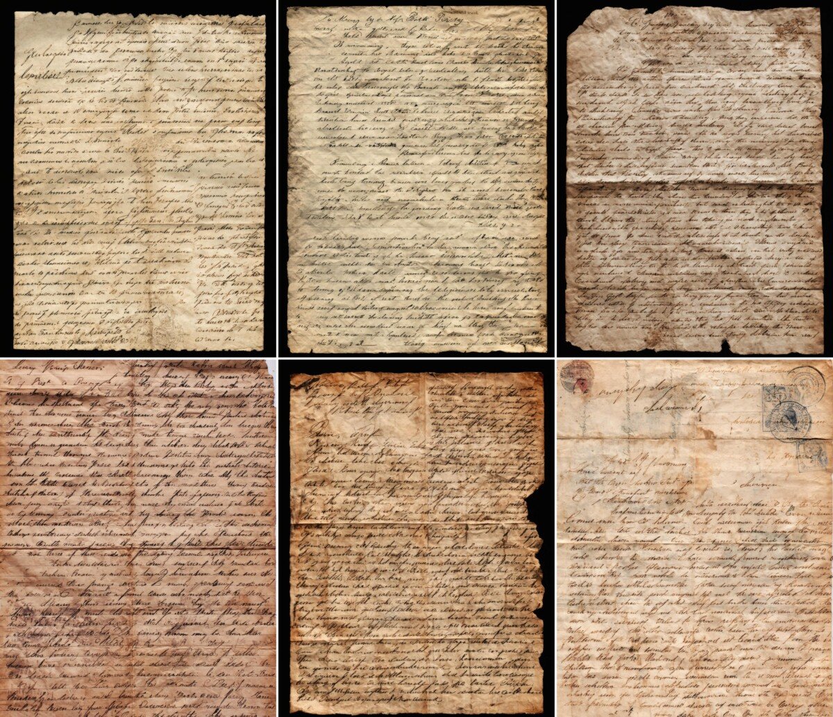 Faded handwritten-style script on creased and stained vintage letter backgrounds