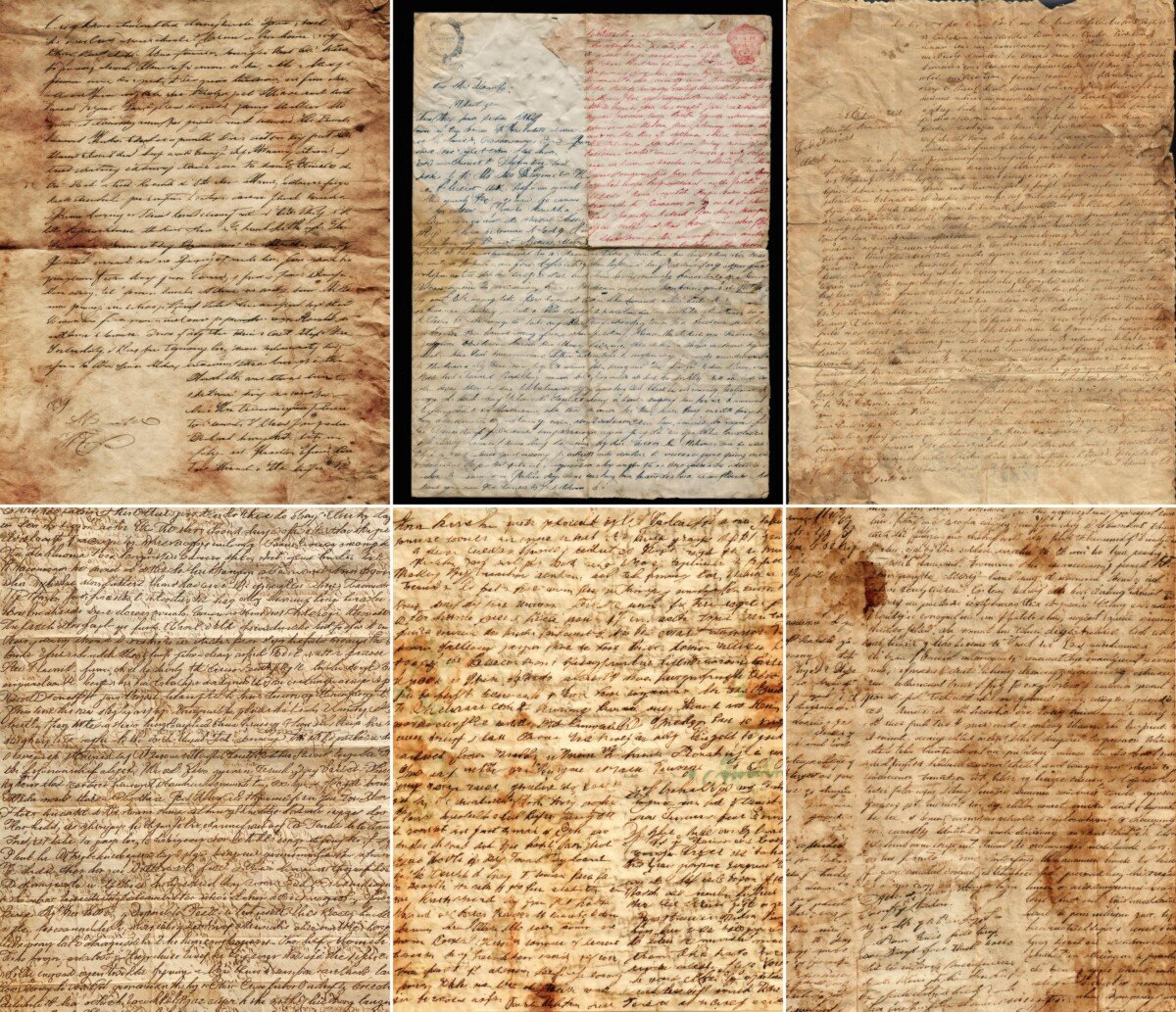 Faded handwritten-style script on creased and stained vintage letter backgrounds