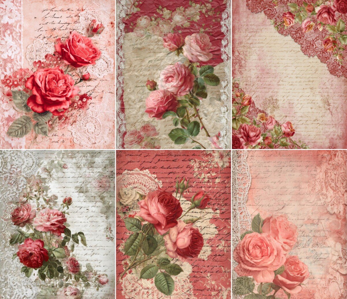 Shabby chic rose digital paper with floral details, lace and vintage handwritten textures