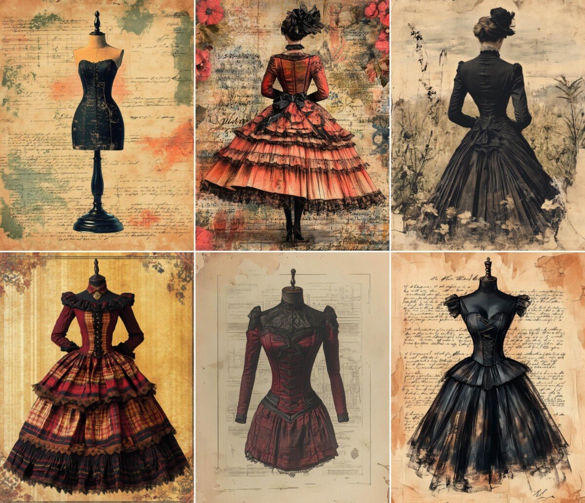 Victorian-inspired fashion mannequins against aged paper, script and floral collage