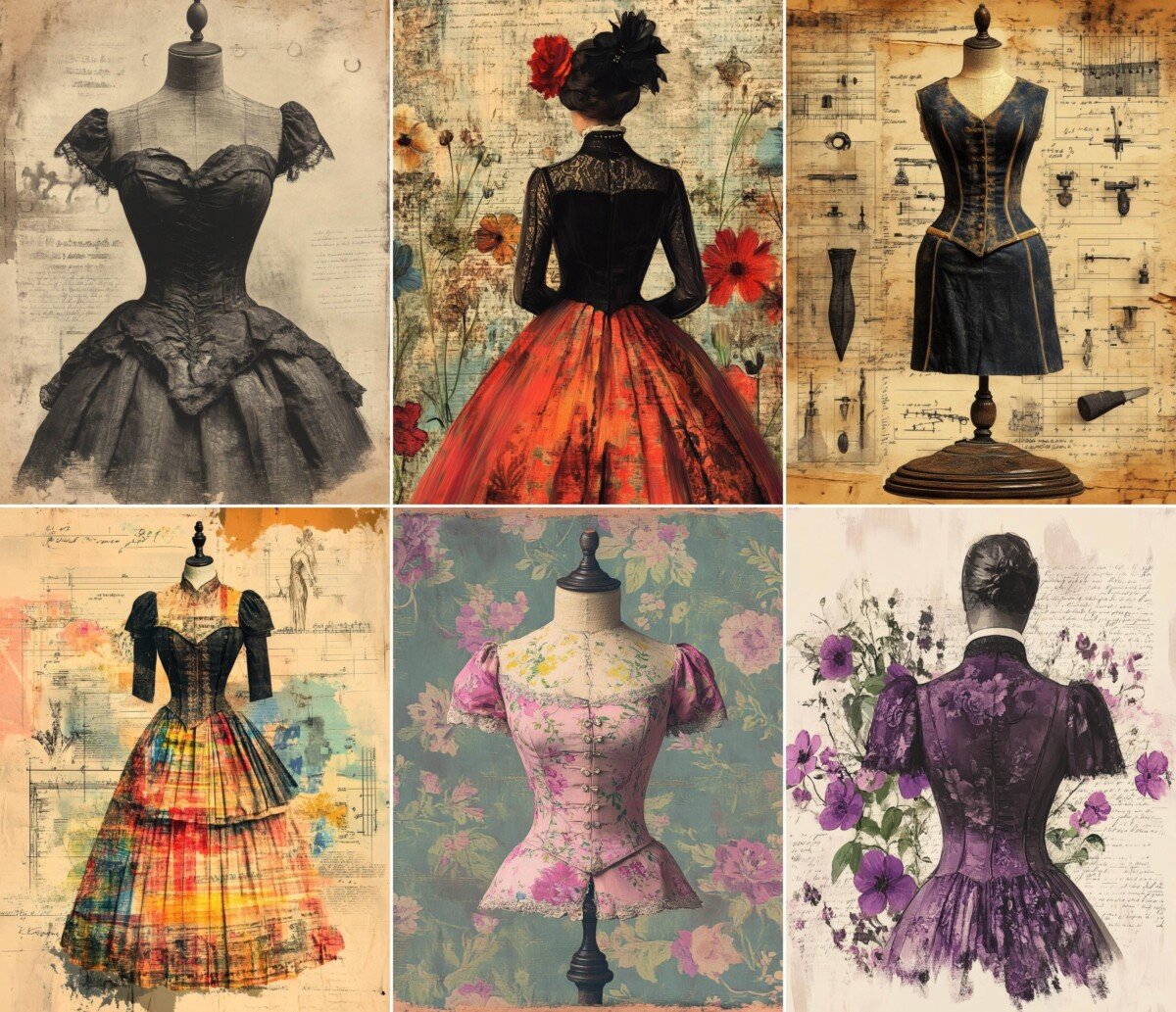 Victorian-inspired fashion mannequins against aged paper, script and floral collage