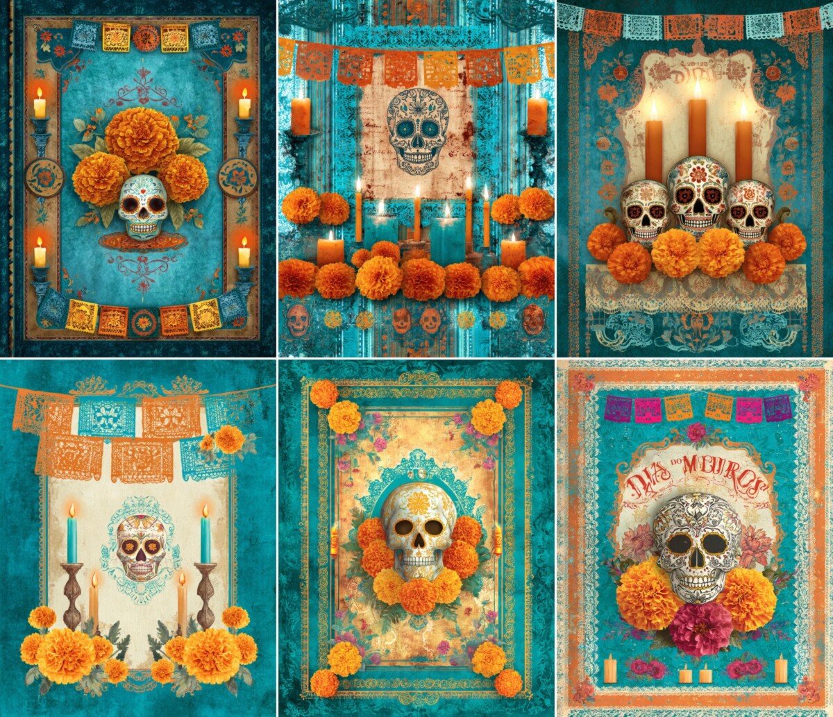 Day of the Dead sugar skulls and marigolds on teal vintage journal pages