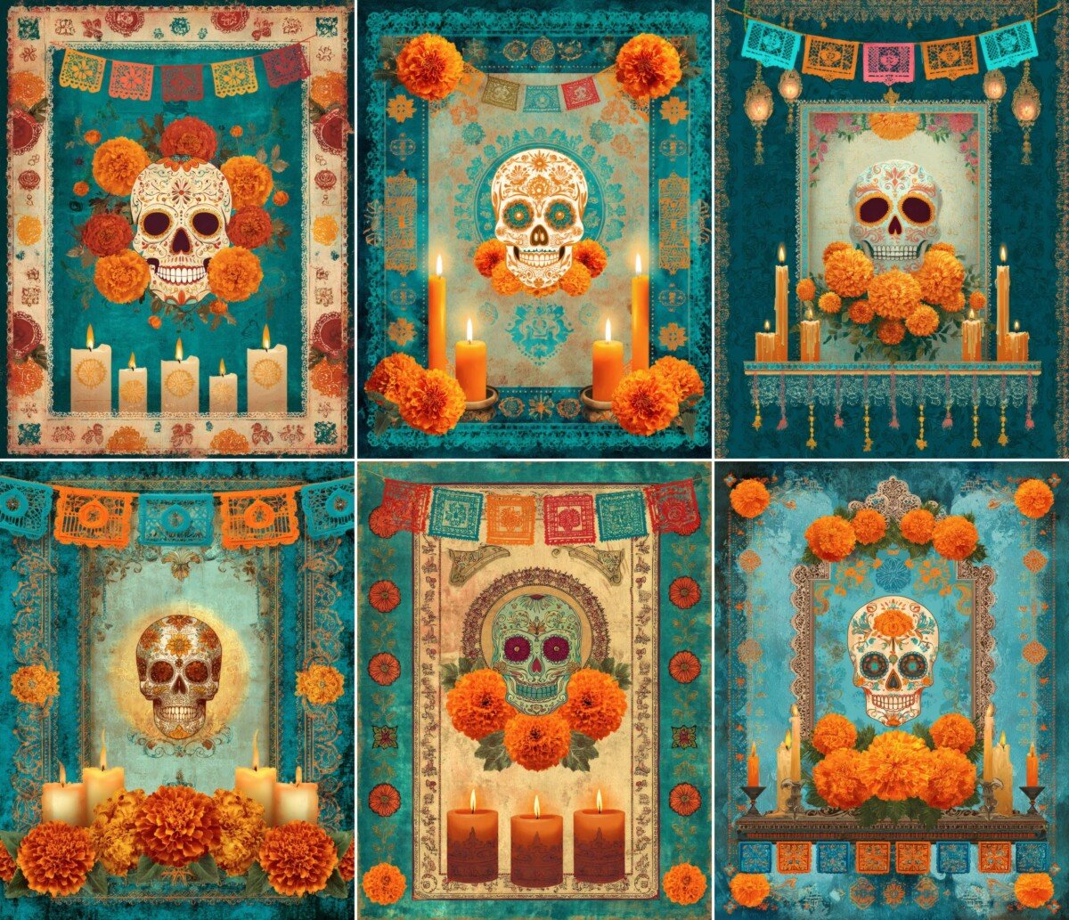 Day of the Dead sugar skulls and marigolds on teal vintage journal pages