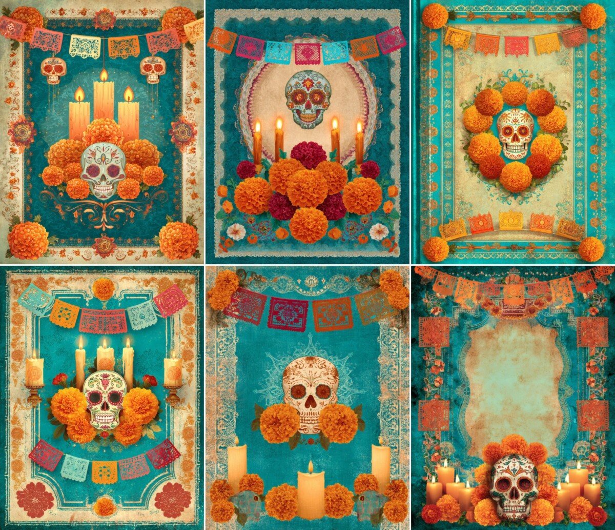 Day of the Dead sugar skulls and marigolds on teal vintage journal pages
