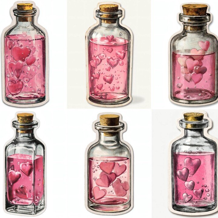 pink – 24 Pink Potion Bottle Junk Journal Fussy Cuts