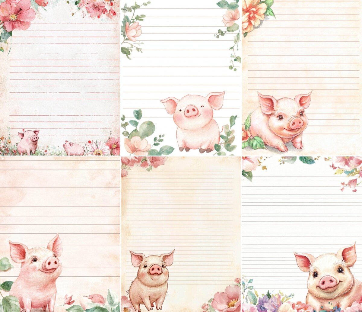 Lined pig writing paper with watercolor-style flowers and pastel details