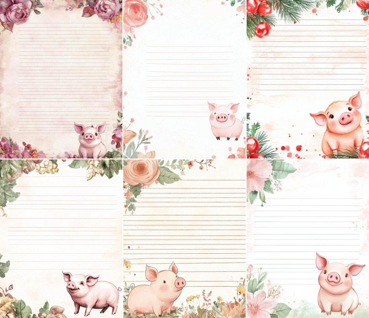 Lined pig writing paper with watercolor-style flowers and pastel details
