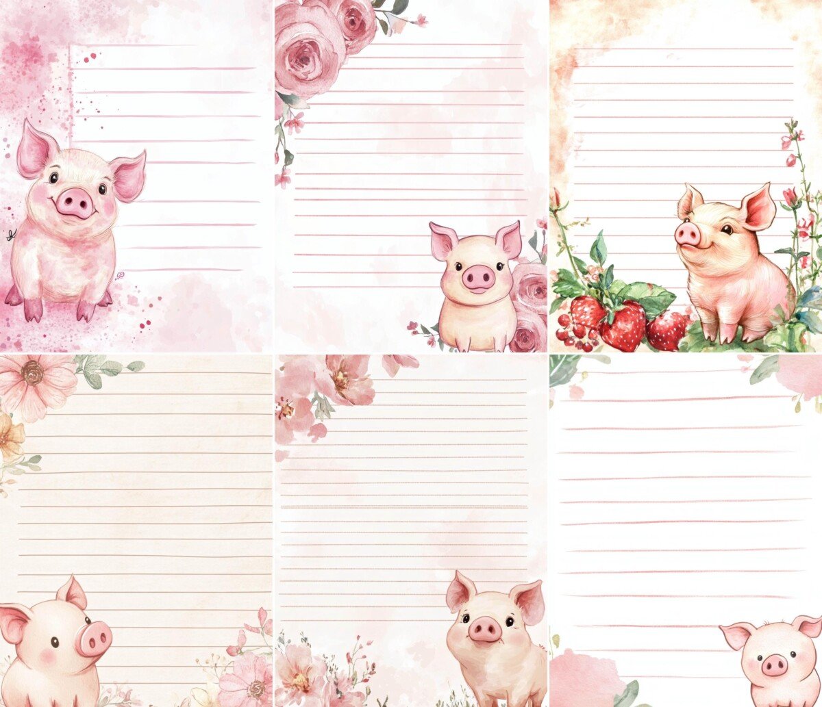 Lined pig writing paper with watercolor-style flowers and pastel details