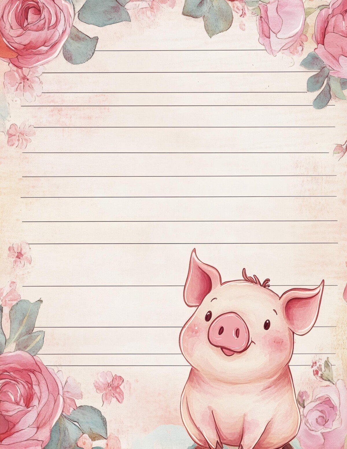 Lined pig writing paper with watercolor-style flowers and pastel details