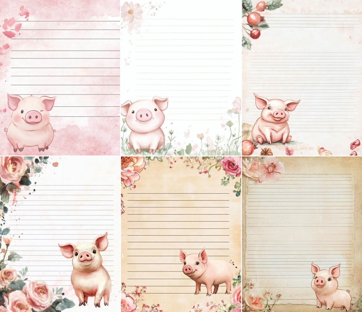 Lined pig writing paper with watercolor-style flowers and pastel details