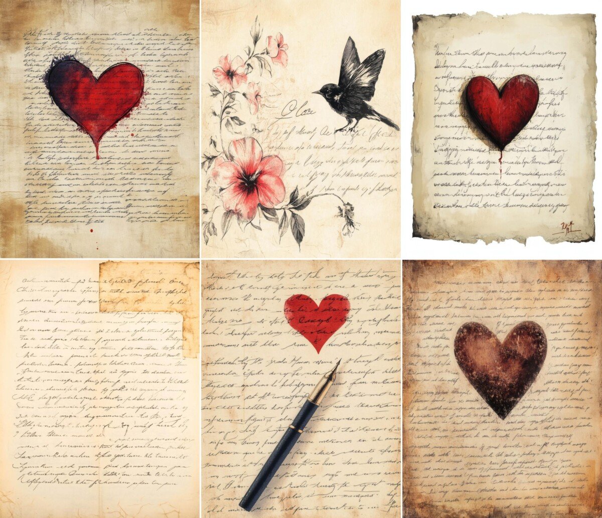 Romantic journal pages with red hearts, flowers and vintage script
