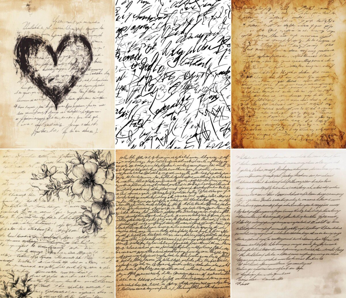 Romantic cursive letter papers with flowing script, hearts and vintage paper textures