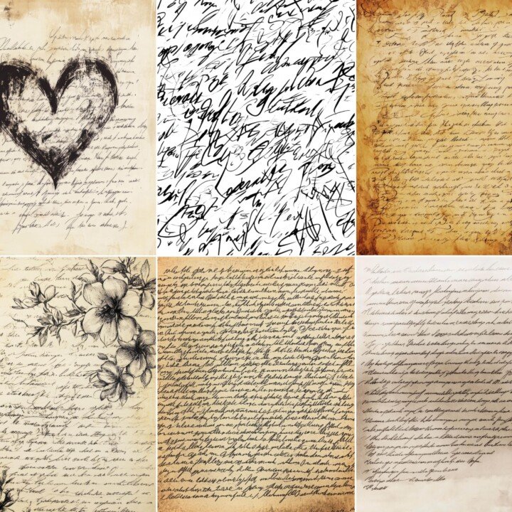 romantic – 52 Romantic Cursive Letter Papers Junk Journal Pages