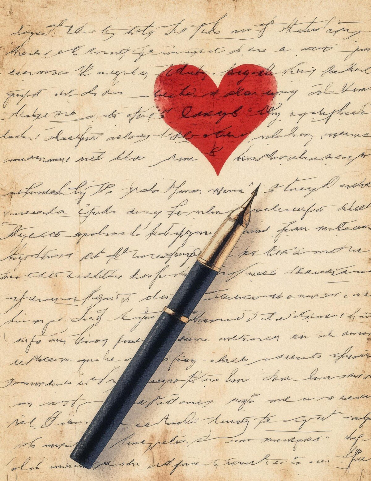 Red heart and pen illustration over flowing script