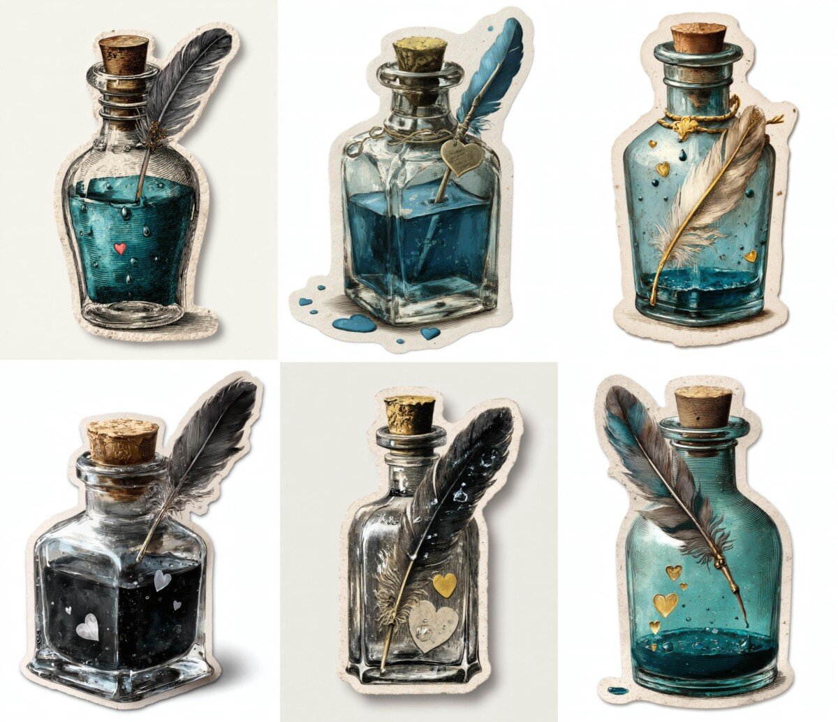ink – 24 Ink Bottle Quill Junk Journal Fussy Cuts