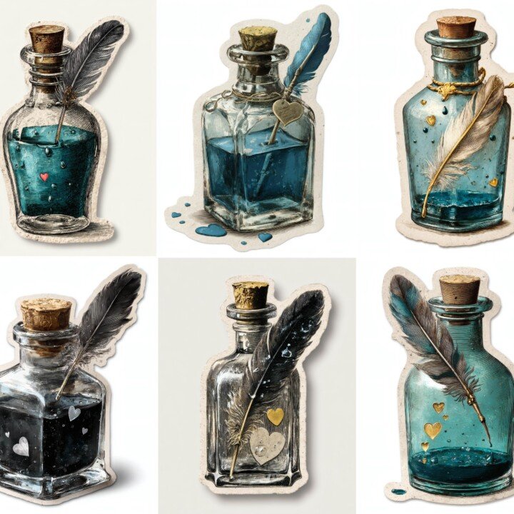 ink – 24 Ink Bottle Quill Junk Journal Fussy Cuts