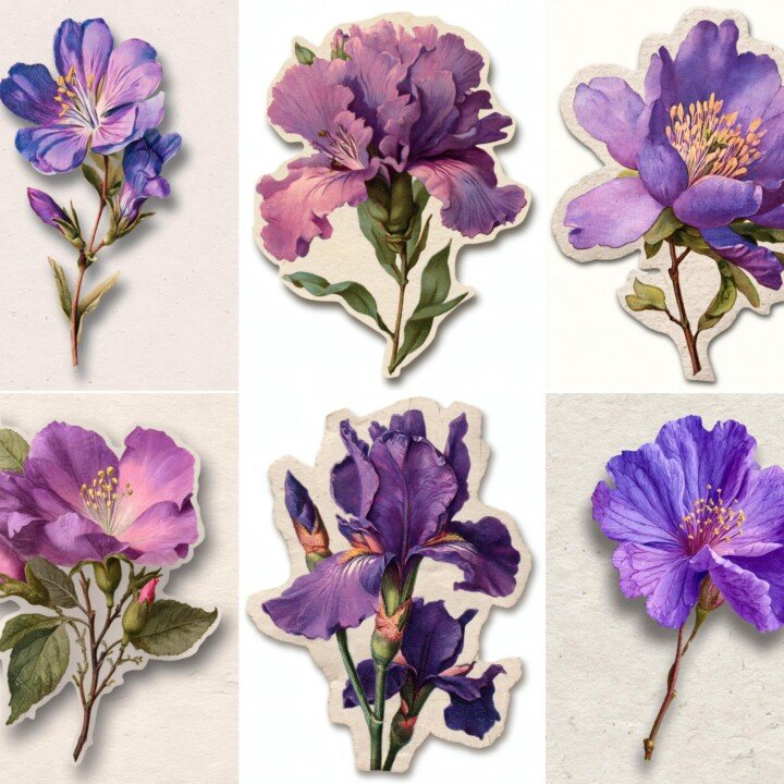 purple – 24 Purple Flower Floral Ephemera Set Cutouts