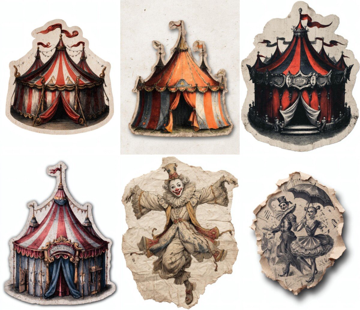 vintage – 31 Vintage Circus Spooky Autumn Junk Journal Supplies Cutouts