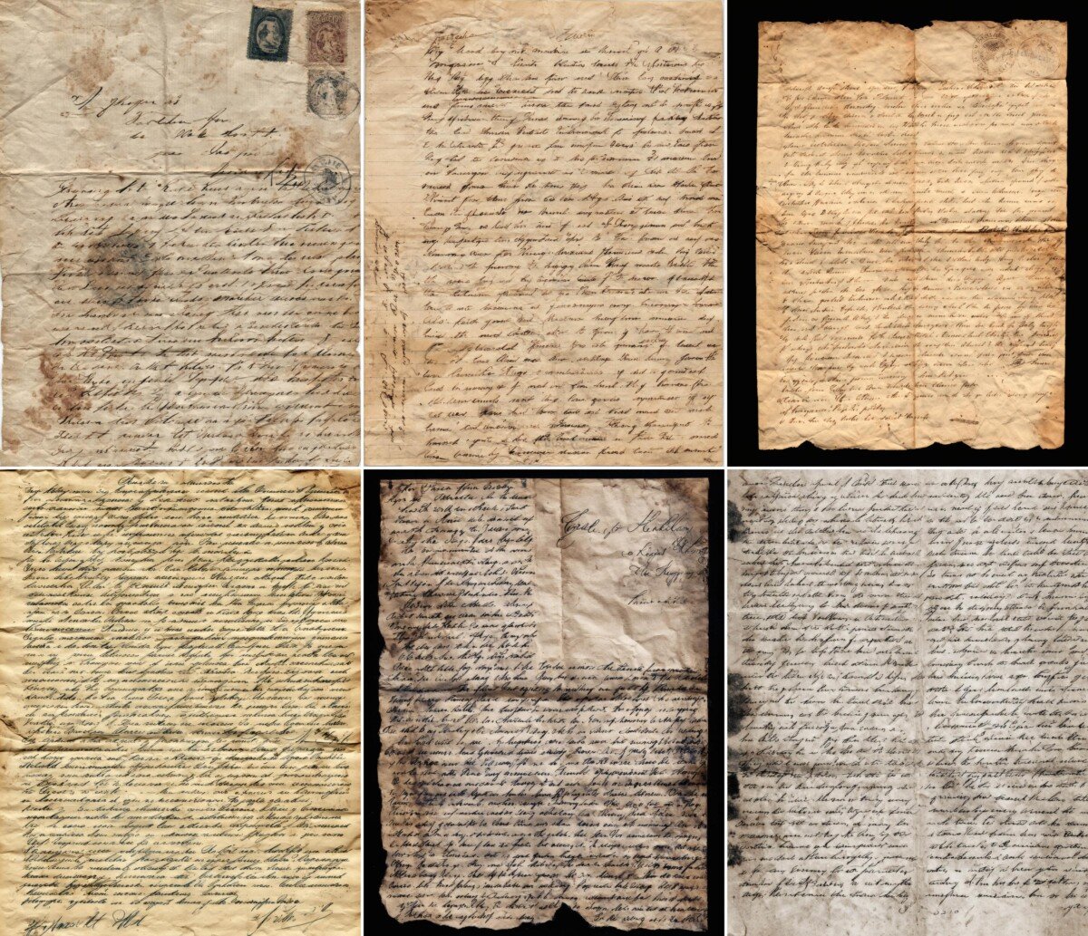 Faded handwritten-style script on creased and stained vintage letter backgrounds