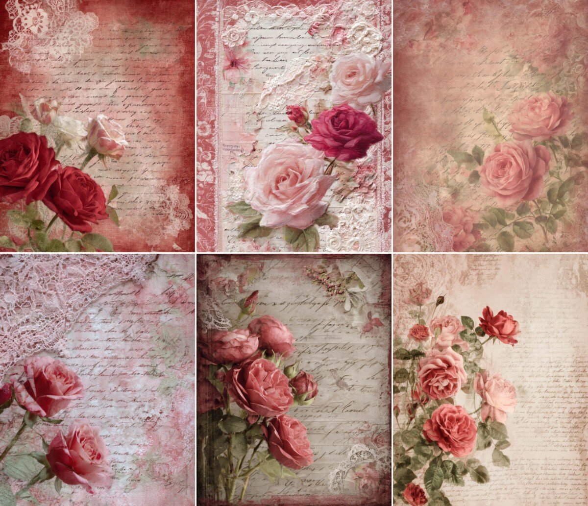 Shabby chic rose digital paper with floral details, lace and vintage handwritten textures
