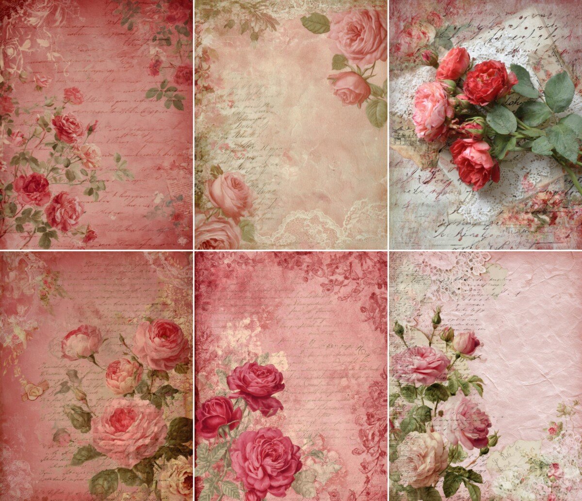 Shabby chic rose digital paper with floral details, lace and vintage handwritten textures