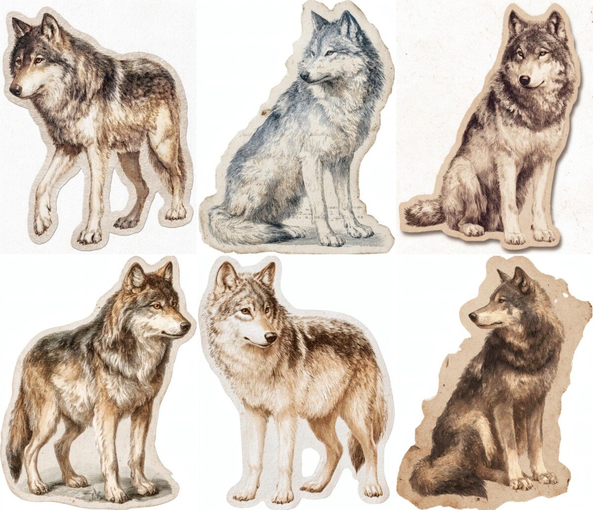 wolf – 24 Wolf Fussy Cut Stickers, Junk Journal Supplies, Animal Ephemera, Vintage Clipart Cutouts, Scrapbook Embellishments, Digital Download