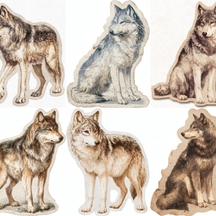 wolf – 24 Wolf Fussy Cut Stickers, Junk Journal Supplies, Animal Ephemera, Vintage Clipart Cutouts, Scrapbook Embellishments, Digital Download