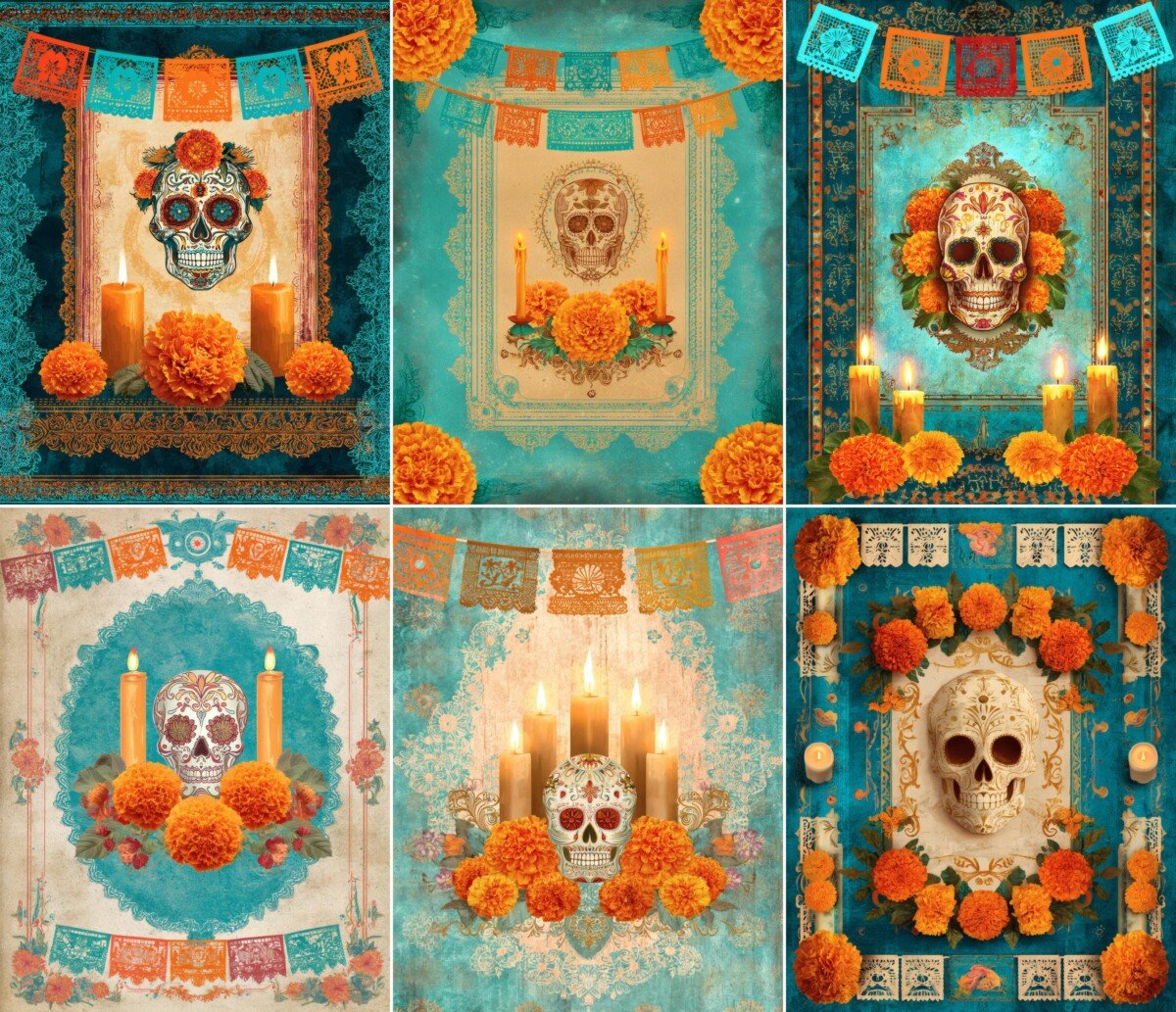 Day of the Dead sugar skulls and marigolds on teal vintage journal pages