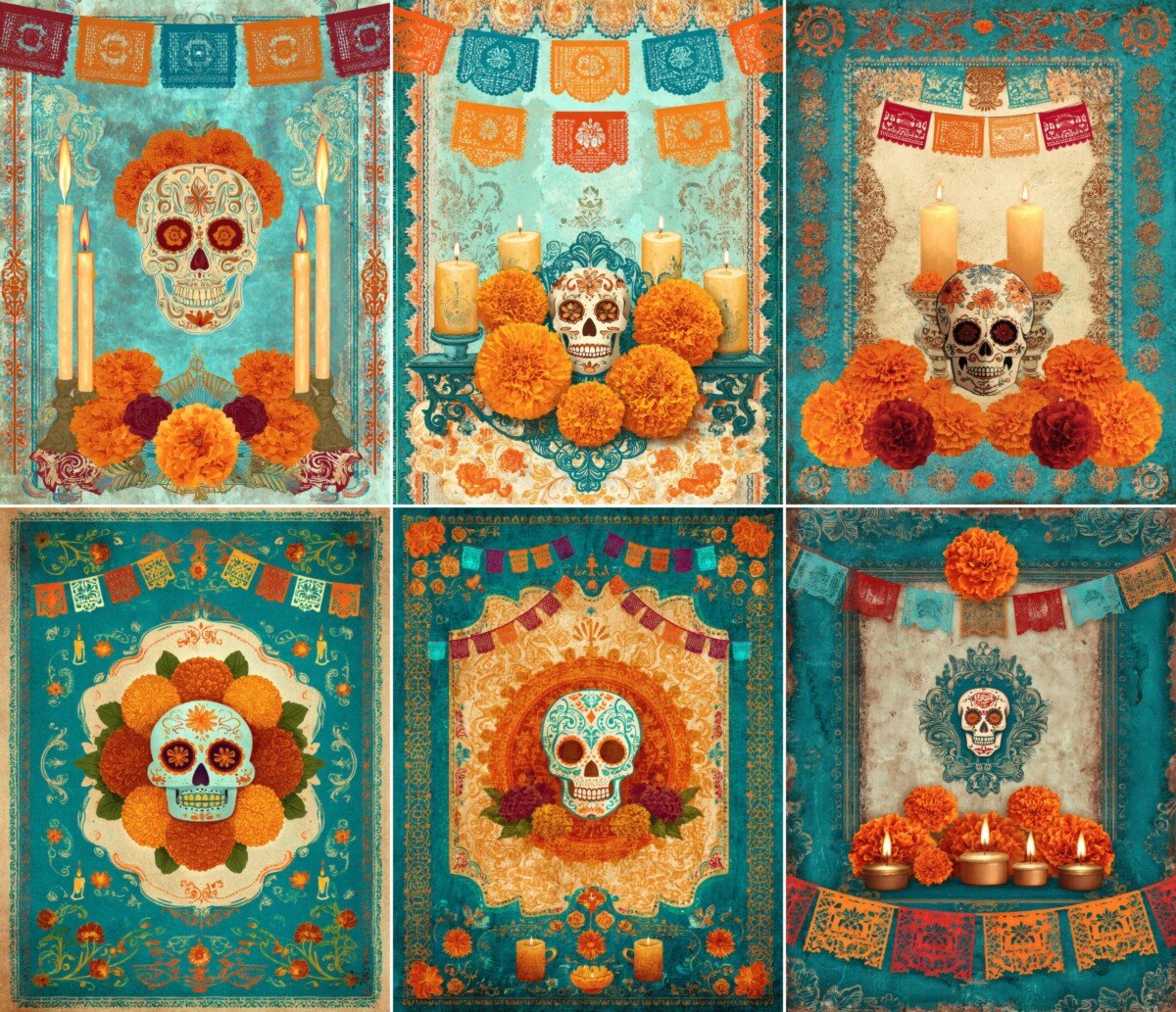 Day of the Dead sugar skulls and marigolds on teal vintage journal pages