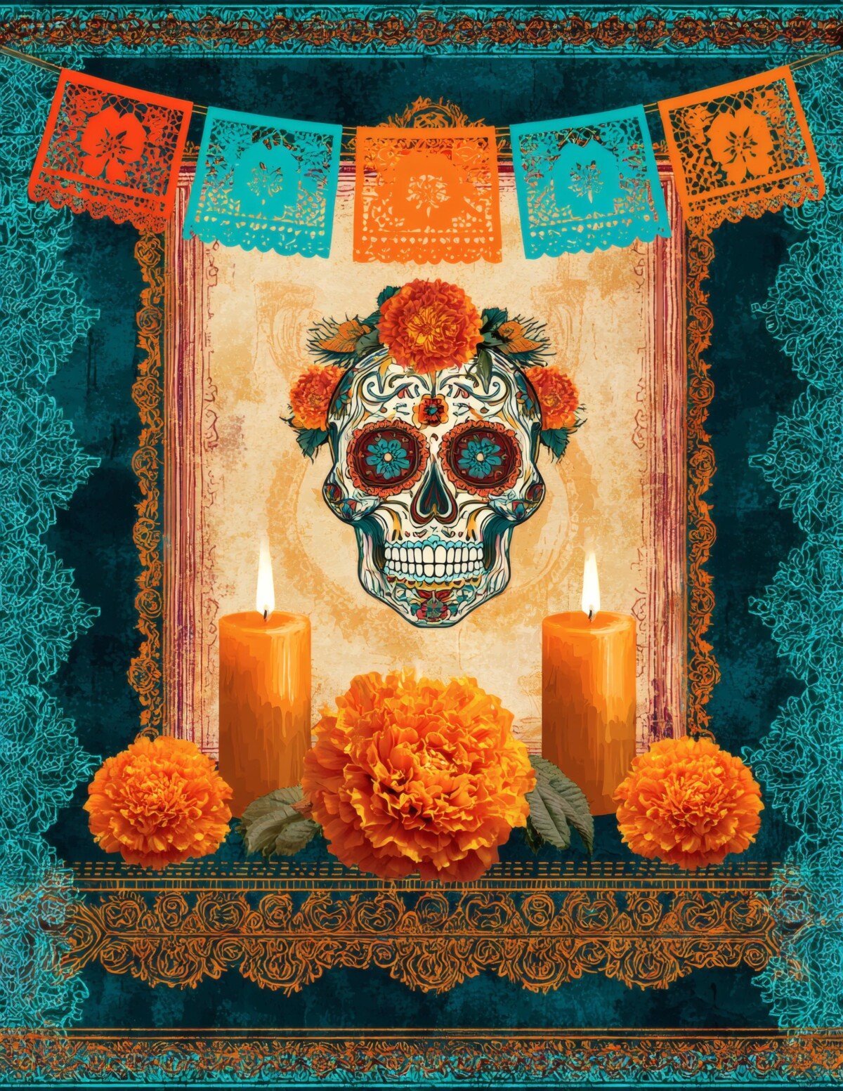 Day of the Dead sugar skulls and marigolds on teal vintage journal pages