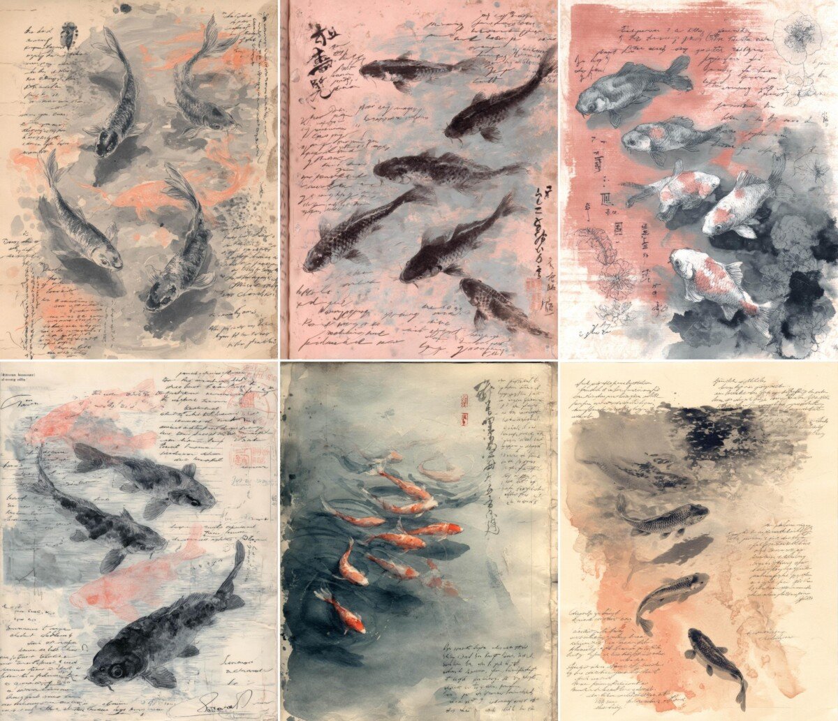 koi – 24 Koi Fish Ink Junk Journal Pages