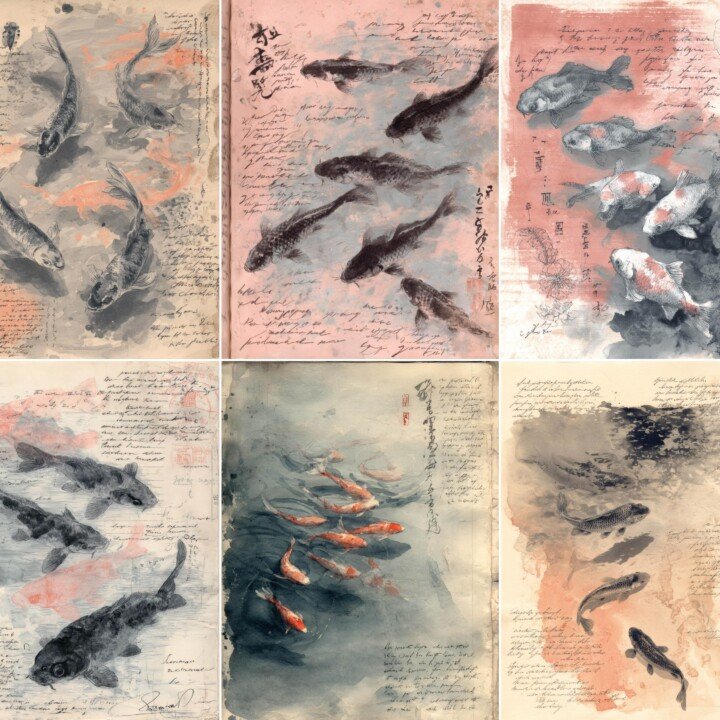 koi – 24 Koi Fish Ink Junk Journal Pages