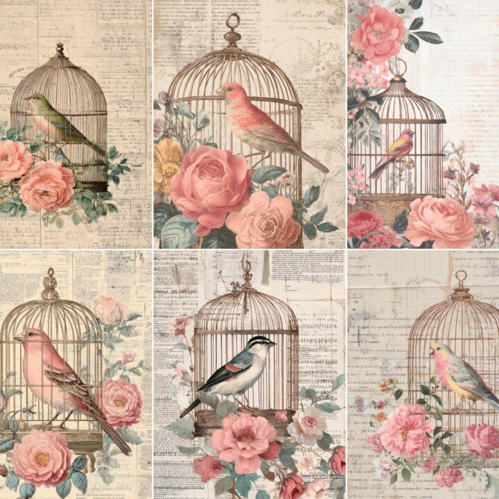 bird – 52 Bird Cage Floral Junk Journal Pages