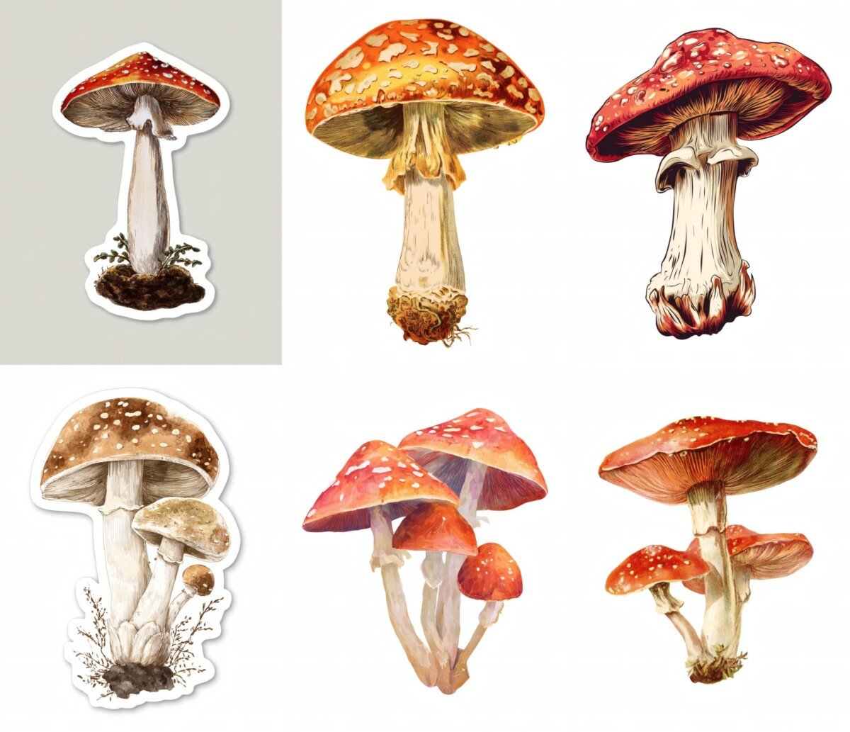 Preview of six vintage mushroom illustrations in red, orange and brown tones