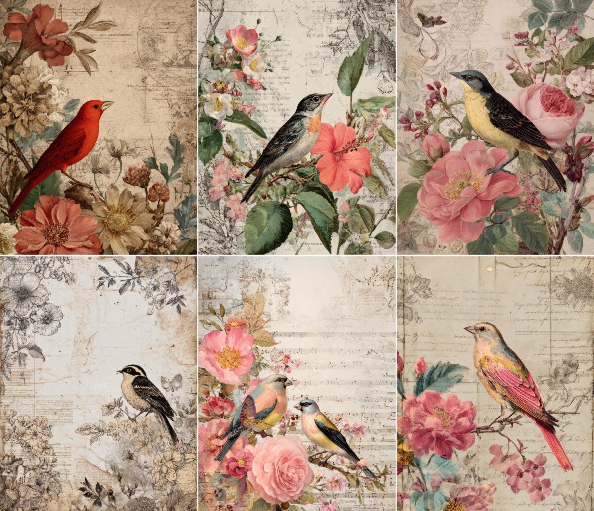 Illustrated birds and floral vintage paper collages, gallery preview 4