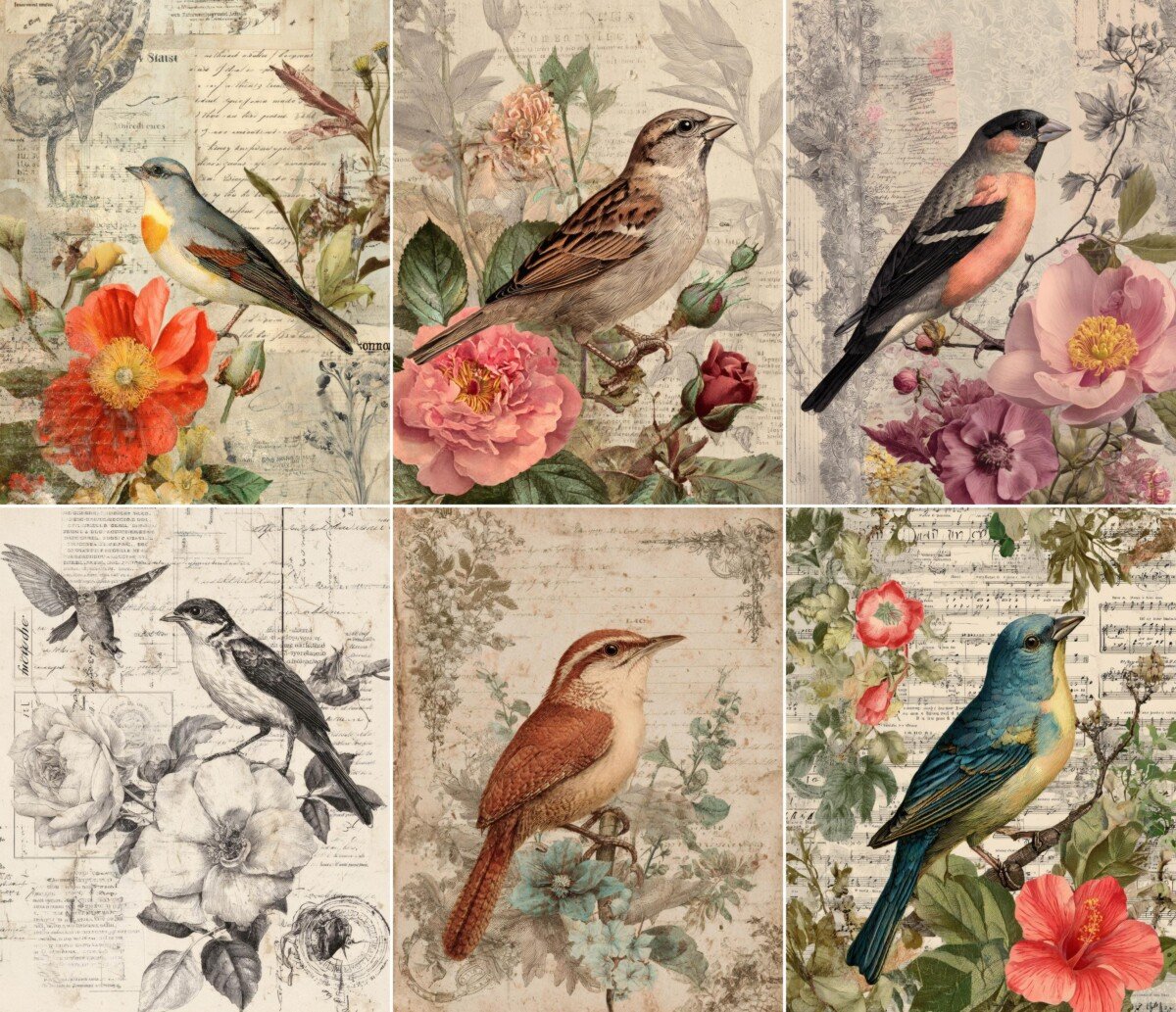 Illustrated birds and floral vintage paper collages, gallery preview 2