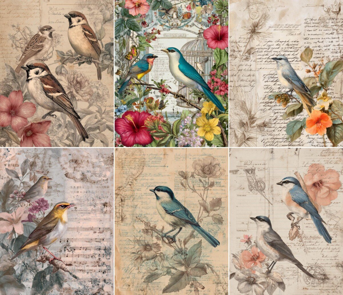 Illustrated birds and floral vintage paper collages, gallery preview 5