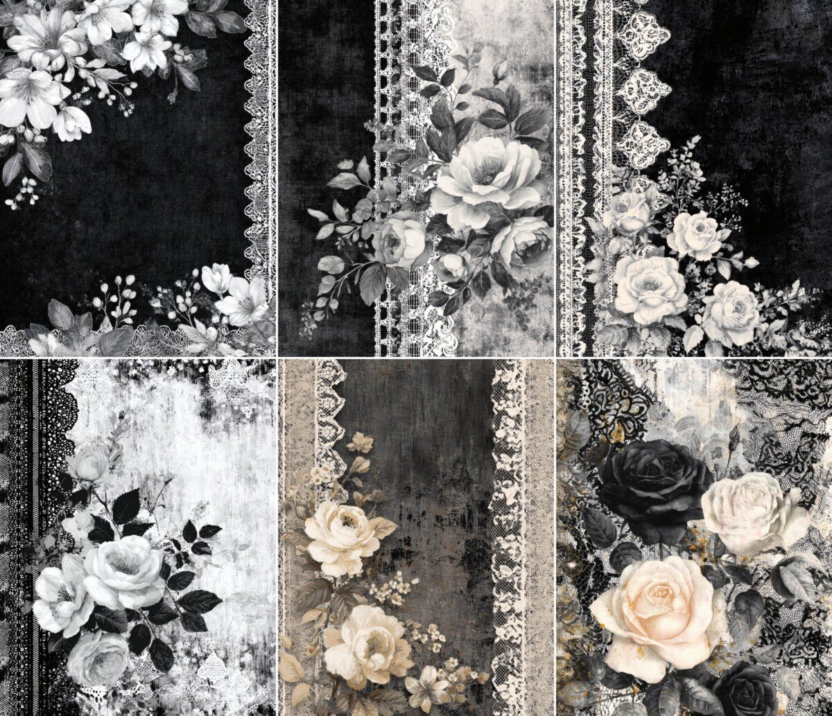 Dark floral journal artwork with pale blossoms and decorative lace, preview 6