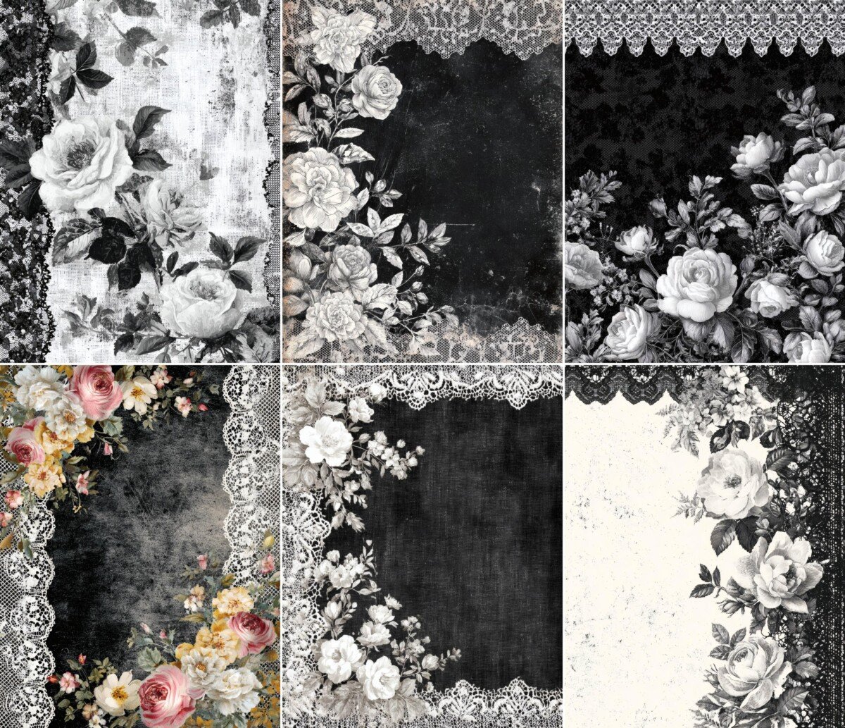 Dark floral journal artwork with pale blossoms and decorative lace, preview 4