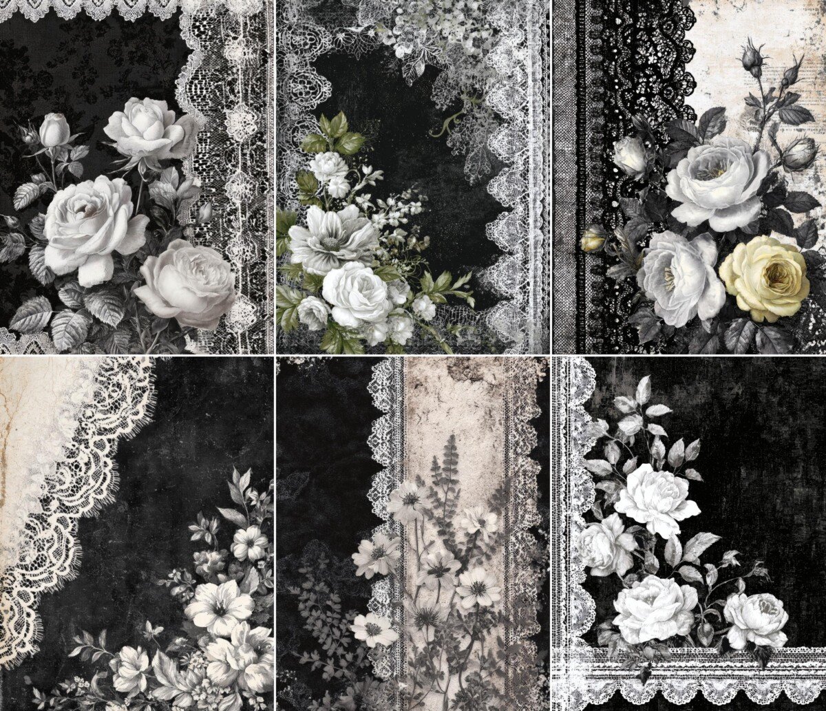 Dark floral journal artwork with pale blossoms and decorative lace, preview 5