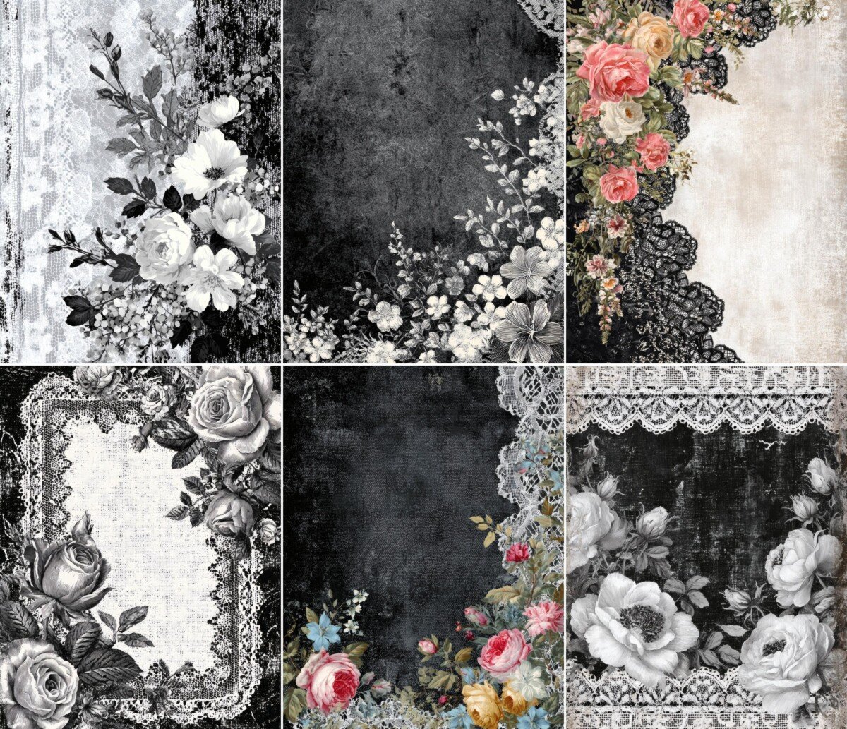 Dark floral journal artwork with pale blossoms and decorative lace, preview 3