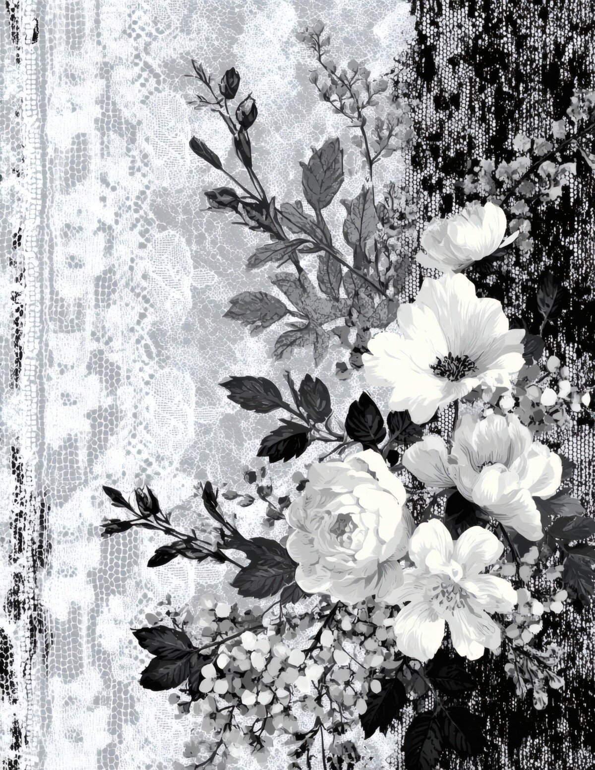 White flowers and foliage over black and grey distressed floral paper