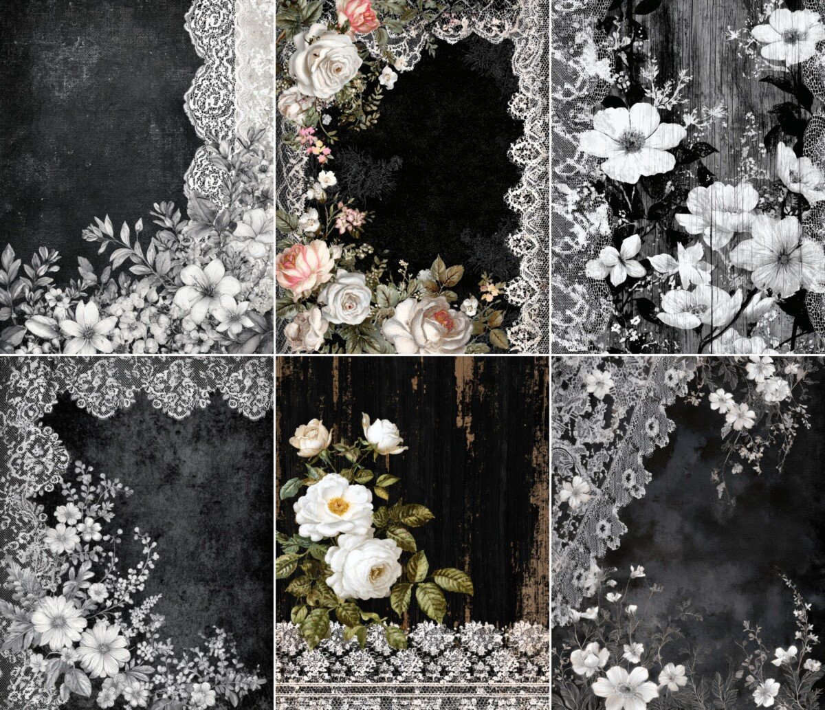Dark floral journal artwork with pale blossoms and decorative lace, preview 8